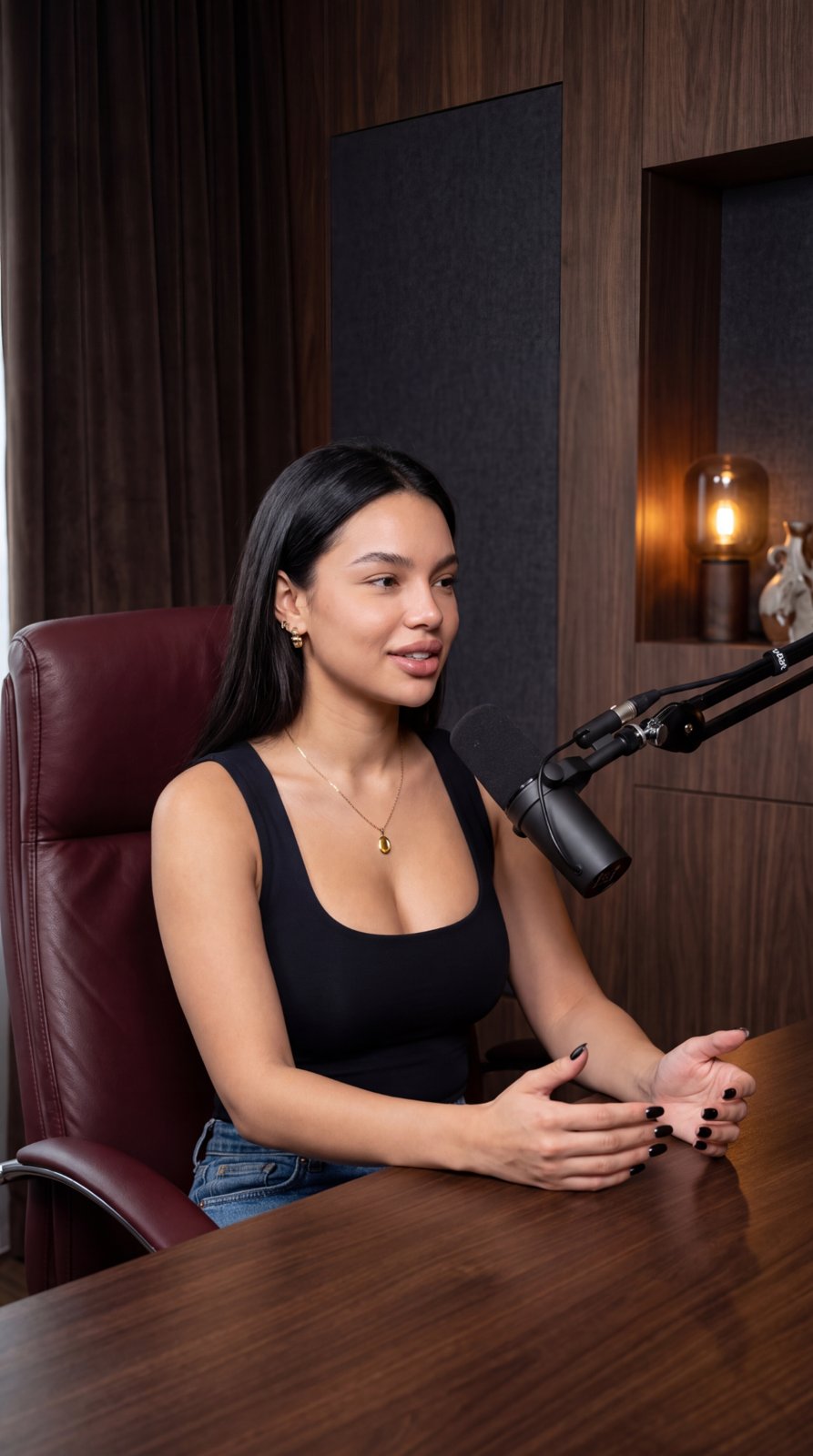 Mia, virtual podcast host, in her walnut studio
